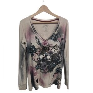 Remetee Women's Long Sleeve Skull Roses Tee - Black and Pink